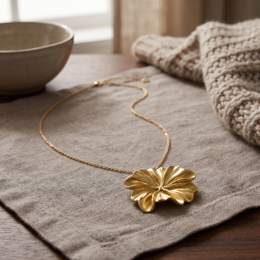 Collier fleur, porté en tenue, doré