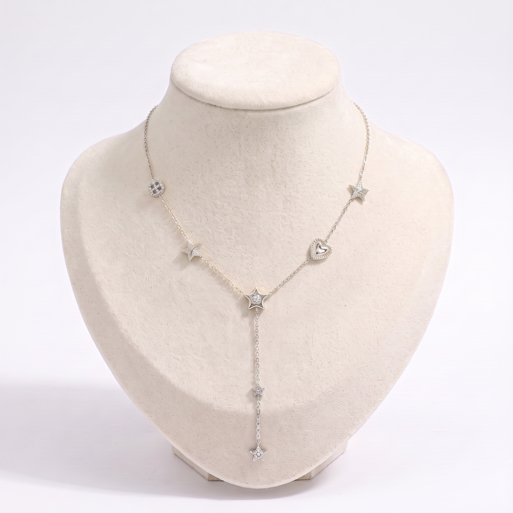 Collier cœur et étoile à strass, vue de face, argenté