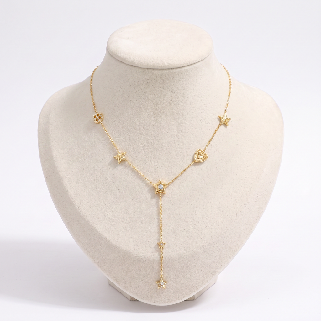 Collier cœur et étoile à strass, vue de face, doré