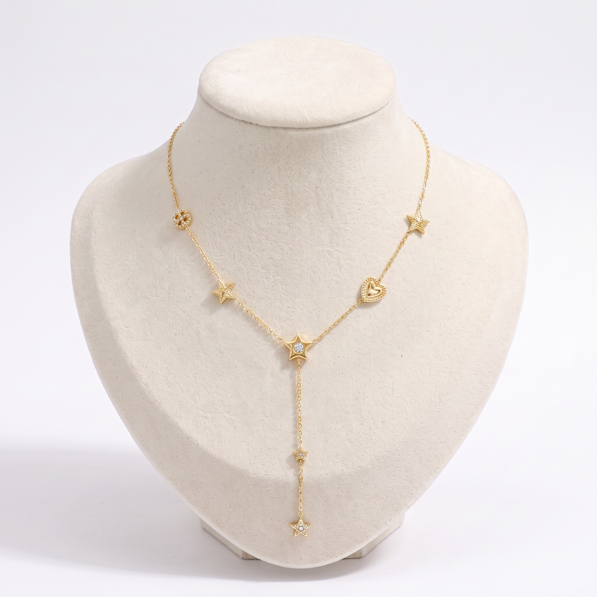 Collier cœur et étoile à strass, vue de face, doré