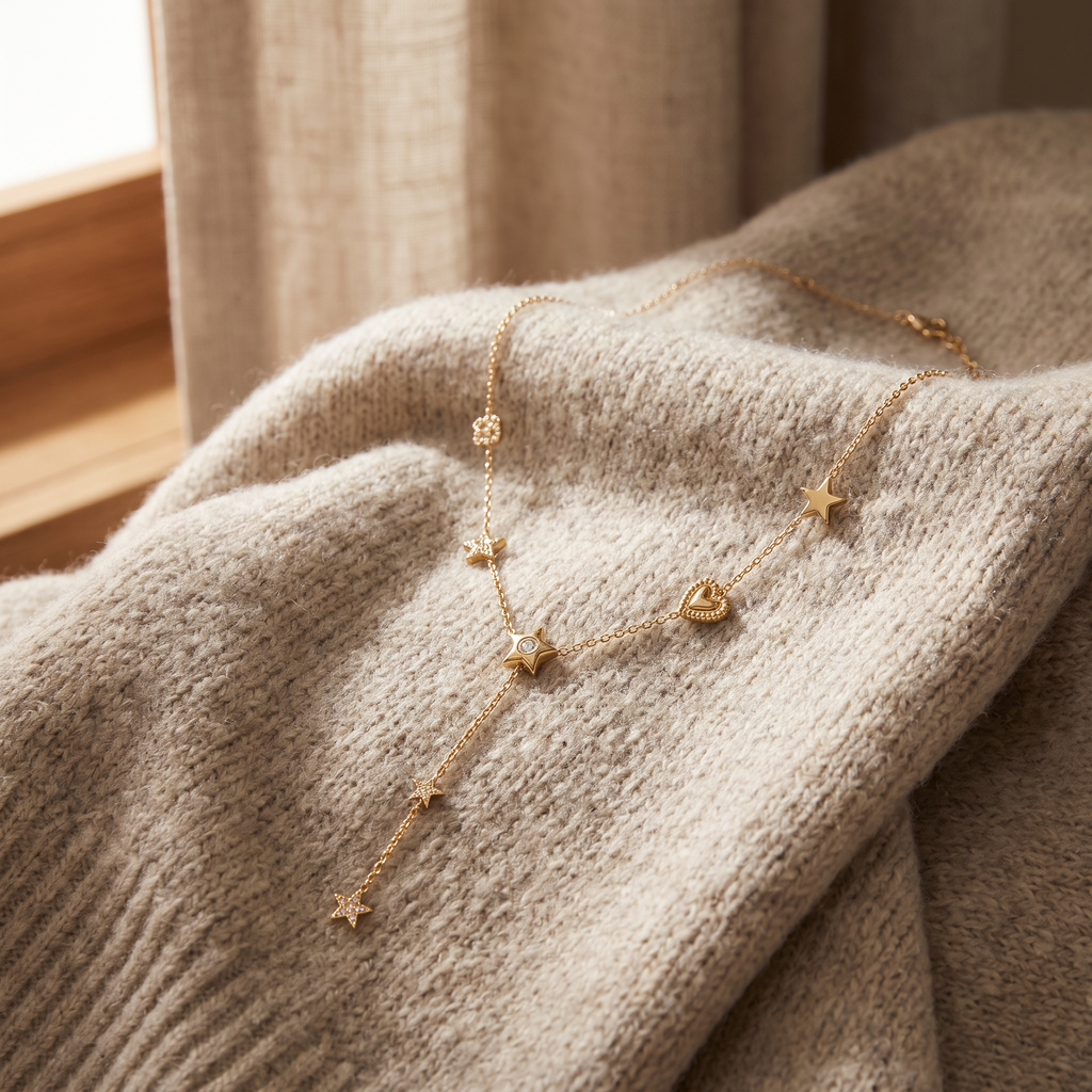 Collier cœur et étoile à strass, porté en tenue, doré