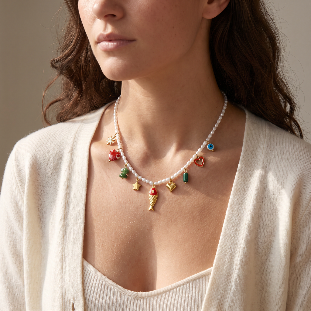 Collier poisson en émail à breloques, porté mi-corps