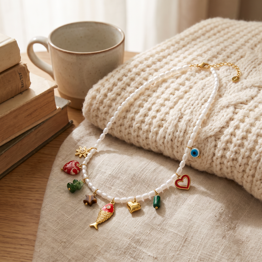 Collier poisson en émail à breloques, porté en tenue
