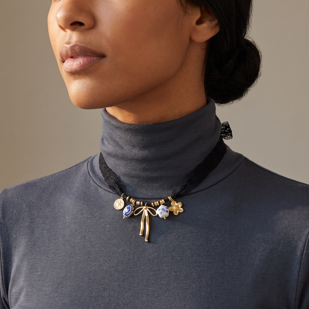 Collier foulard tressé doré, porté mi-corps