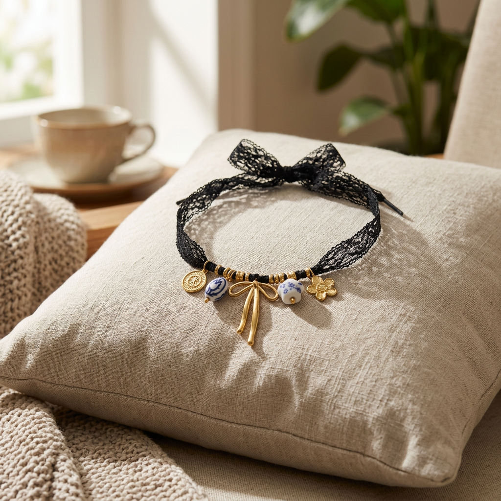 Collier foulard tressé doré, porté en tenue