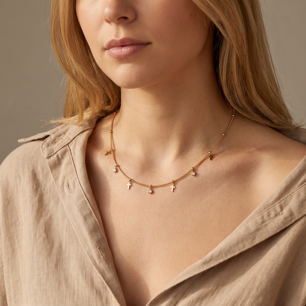 Collier croix doré à strass sur chaîne, porté mi-corps