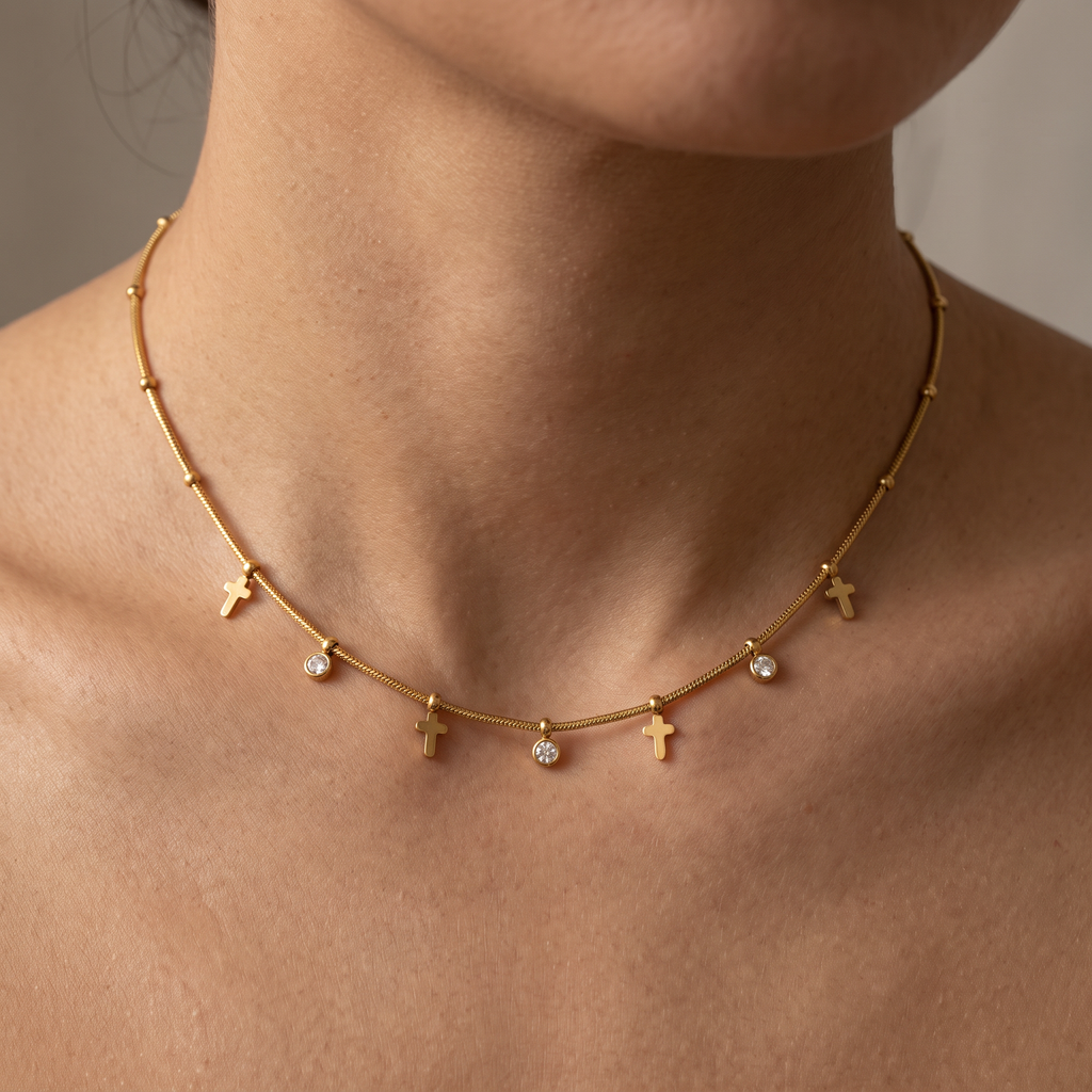 Collier croix doré à strass sur chaîne, porté