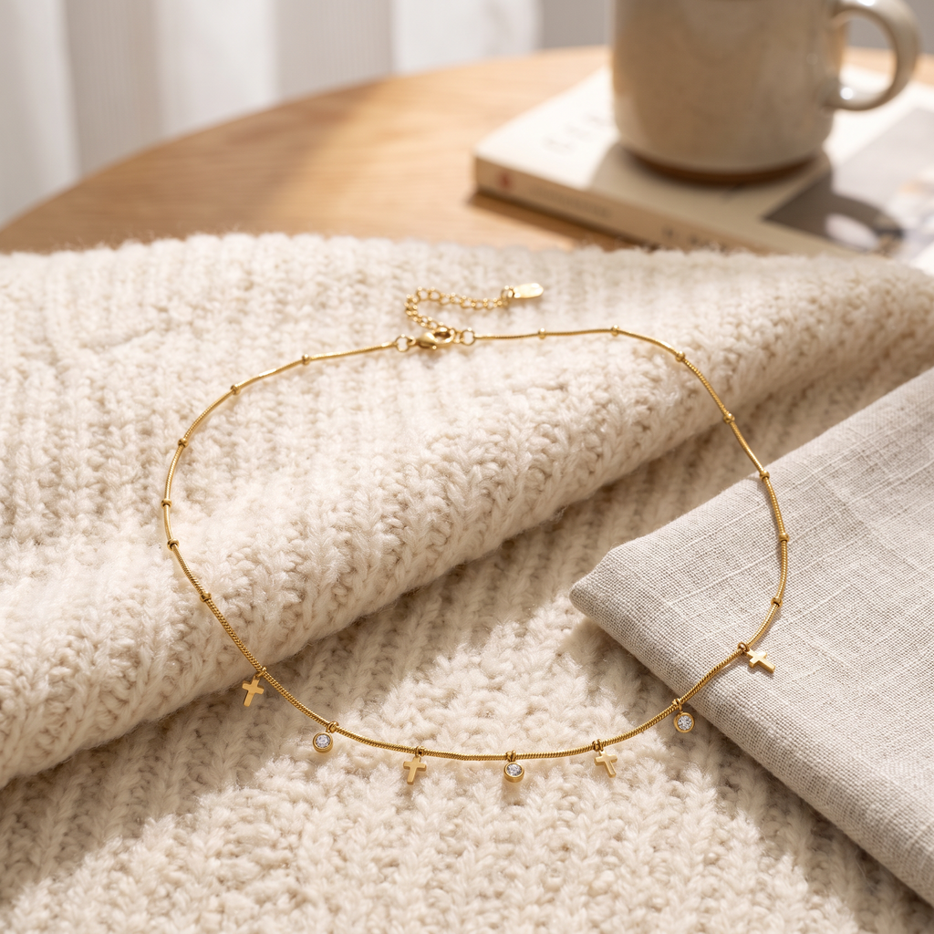 Collier croix doré à strass sur chaîne, porté en tenue