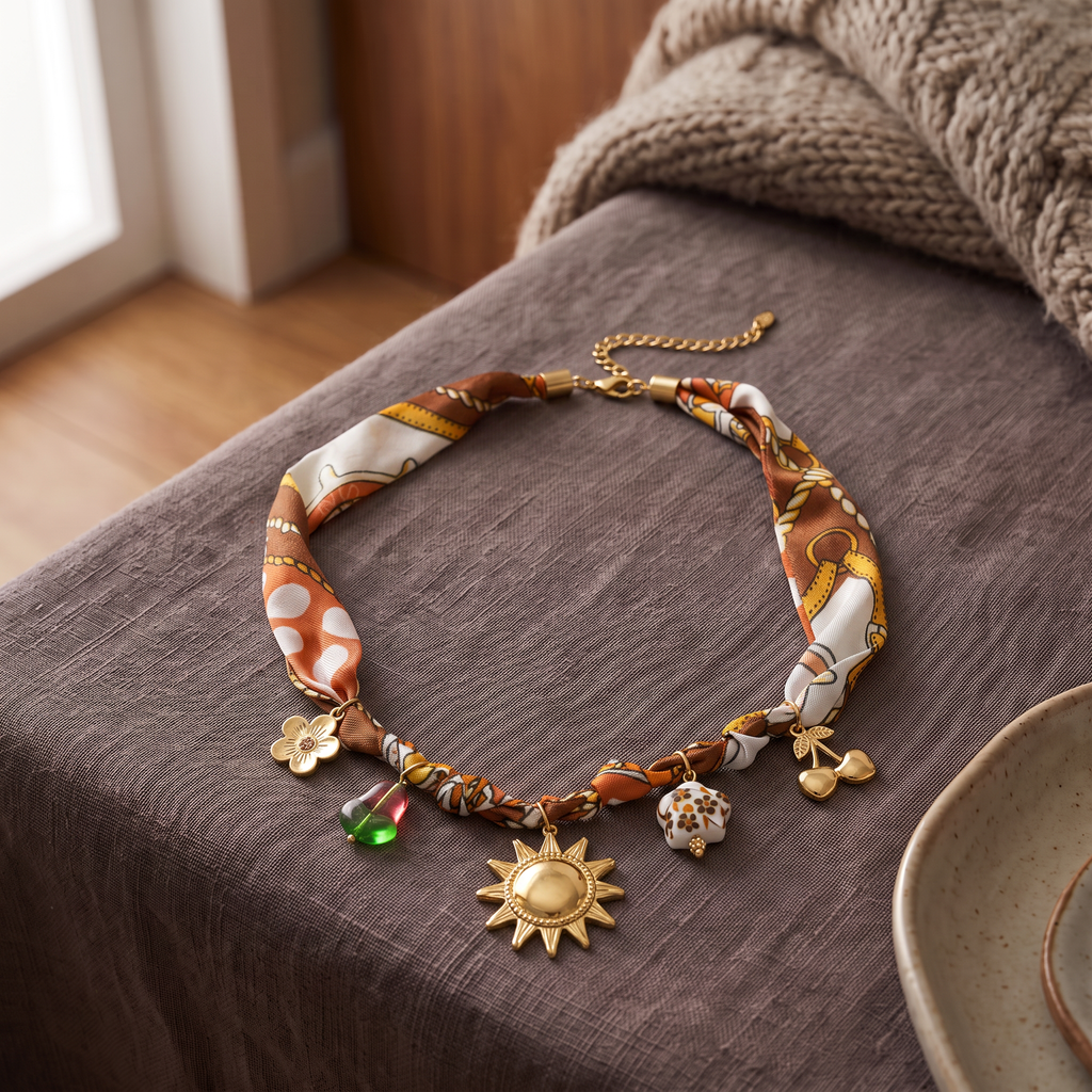 Collier doré à breloques imprimé, porté en tenue