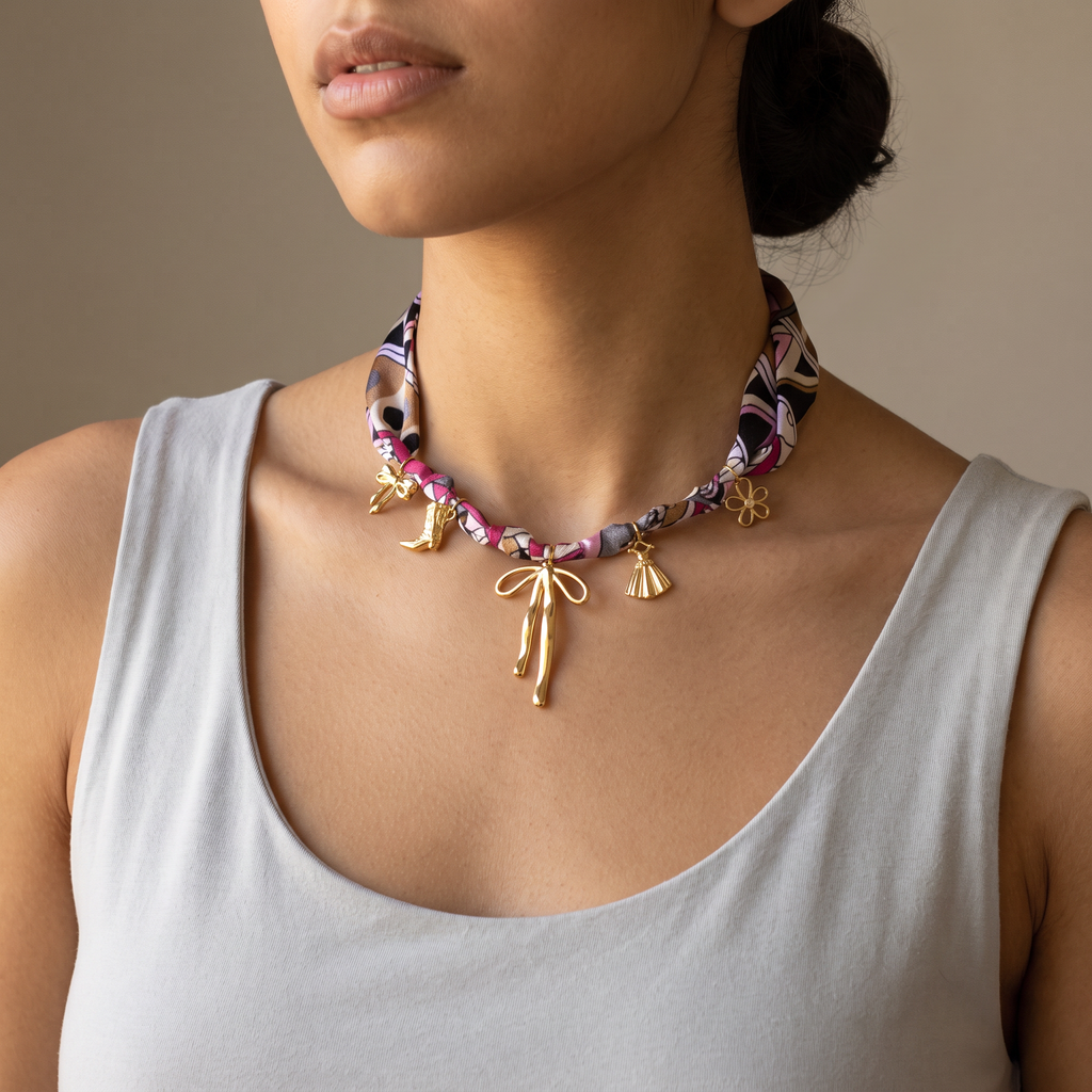 Collier foulard tressé doré esprit western, porté mi-corps