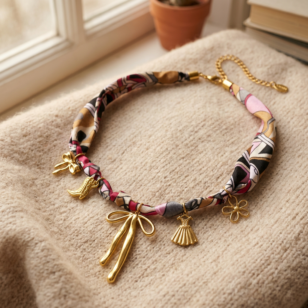 Collier foulard tressé doré esprit western, porté en tenue