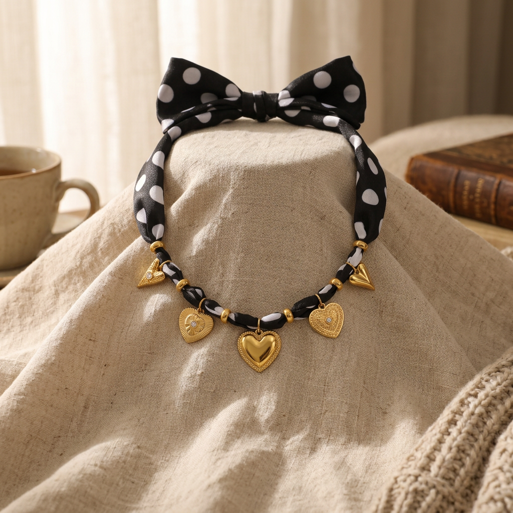 Collier cœur doré à pois sur cordon tressé, porté en tenue
