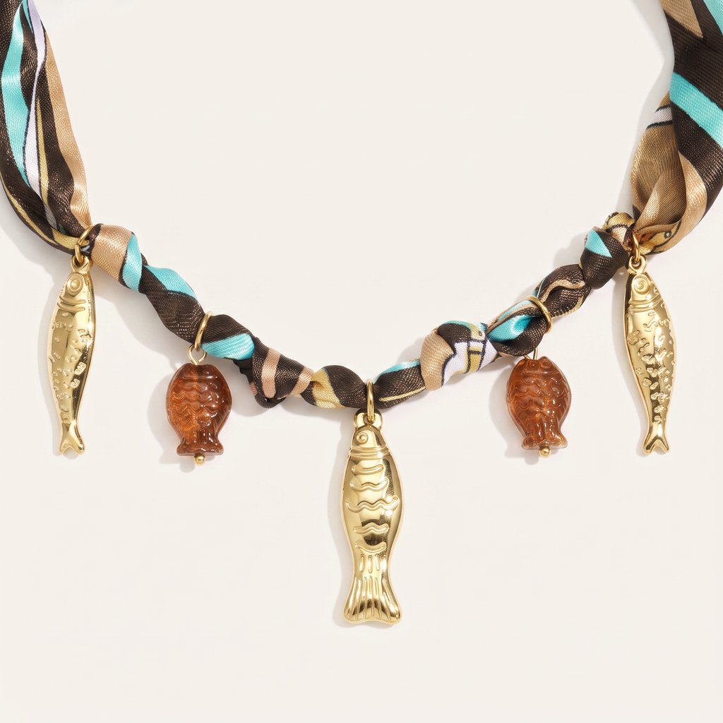 Collier poisson doré sur cordon foulard, détail du motif