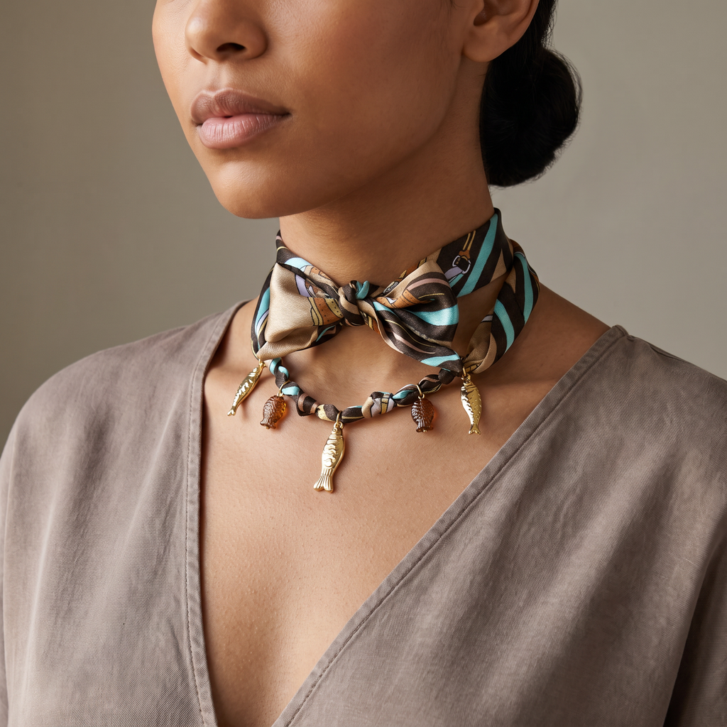 Collier poisson doré sur cordon foulard, porté mi-corps