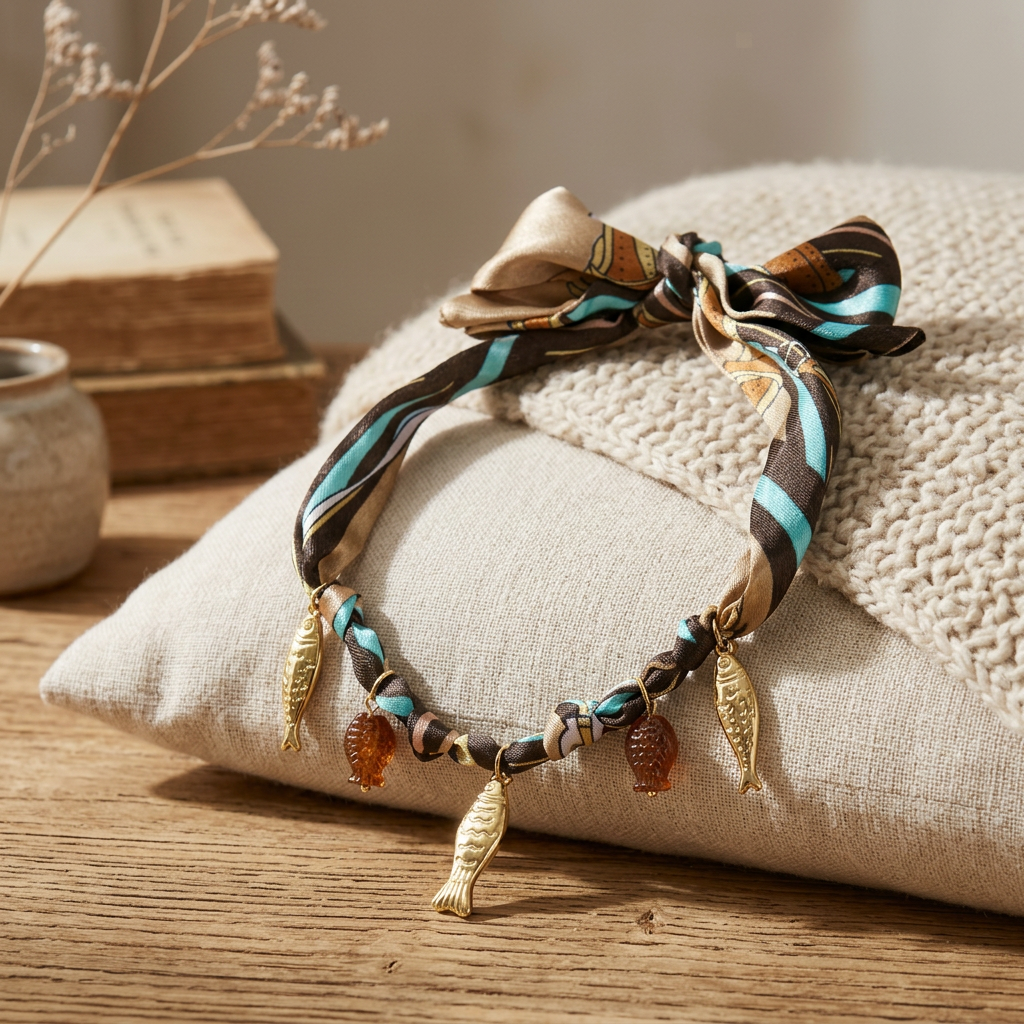 Collier poisson doré sur cordon foulard, porté en tenue