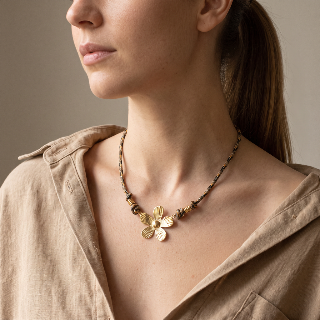 Collier fleur sur cordon, porté mi-corps