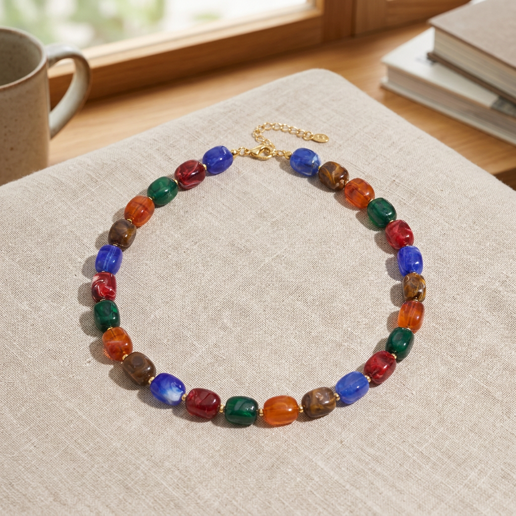 Collier de perles effet marbré de forme rectangulaire, porté en tenue