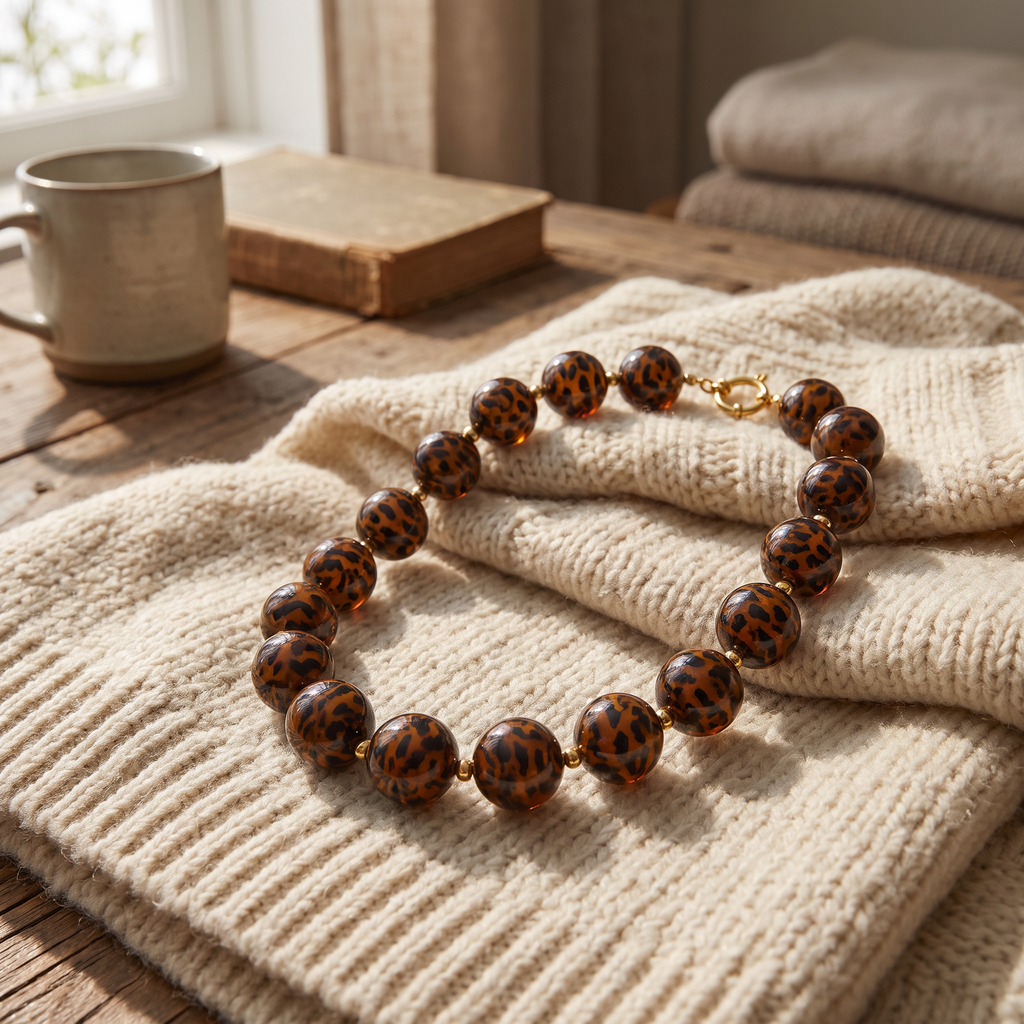 Collier de perles façon léopard esprit rétro, porté en tenue