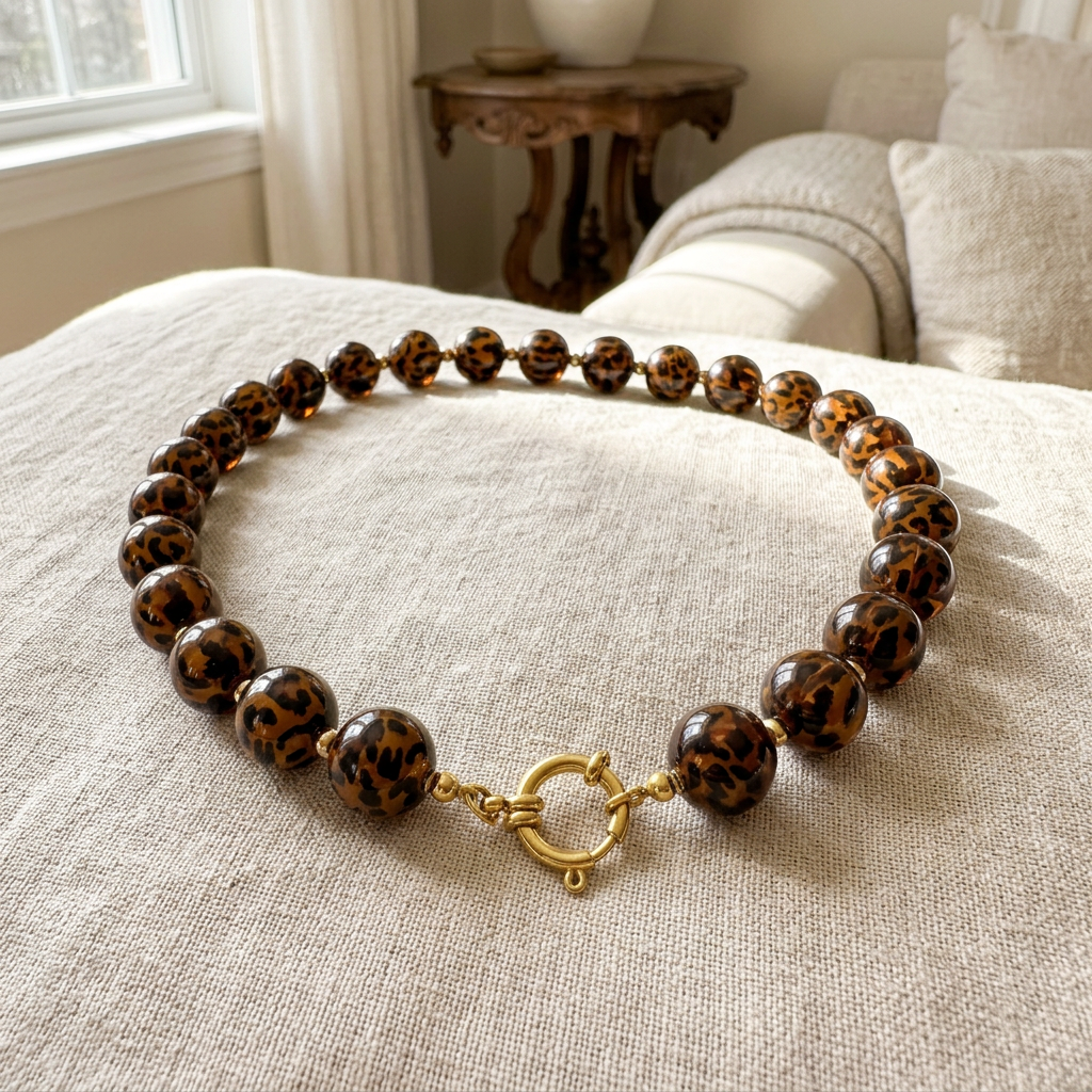 Collier de perles façon léopard 14 mm, porté en tenue