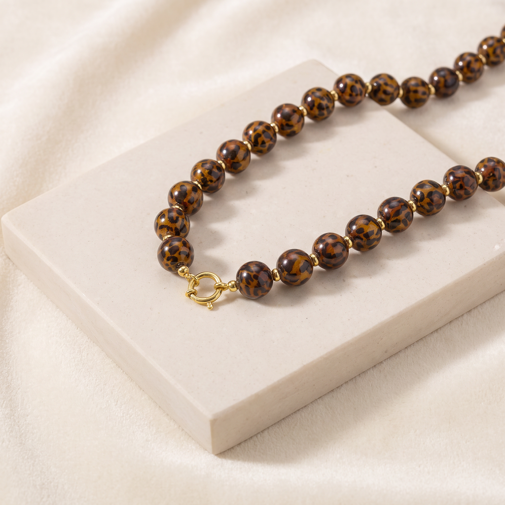 Collier de perles façon léopard 14 mm — Marron
