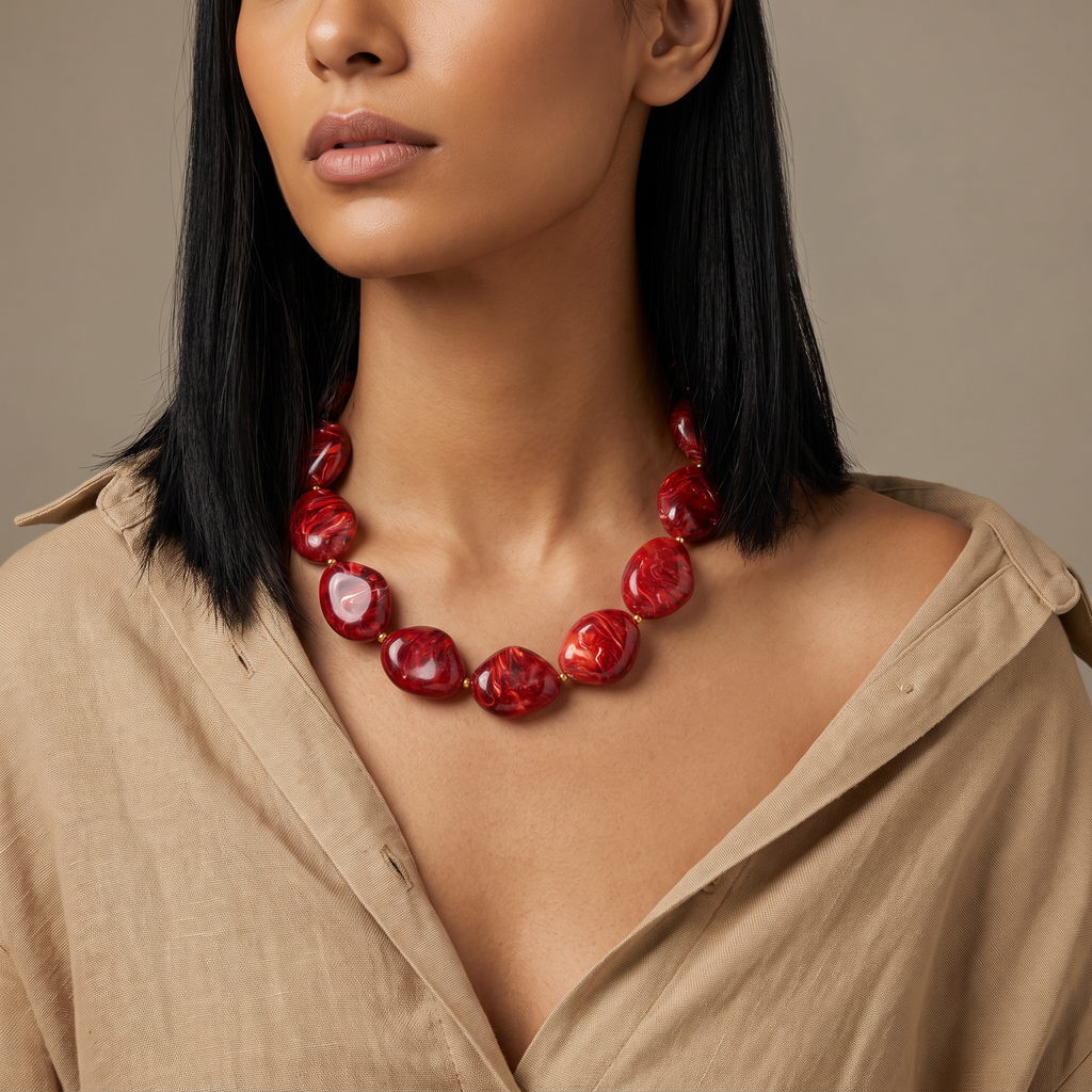 Collier de perles effet marbré oversize, porté mi-corps, bordeaux