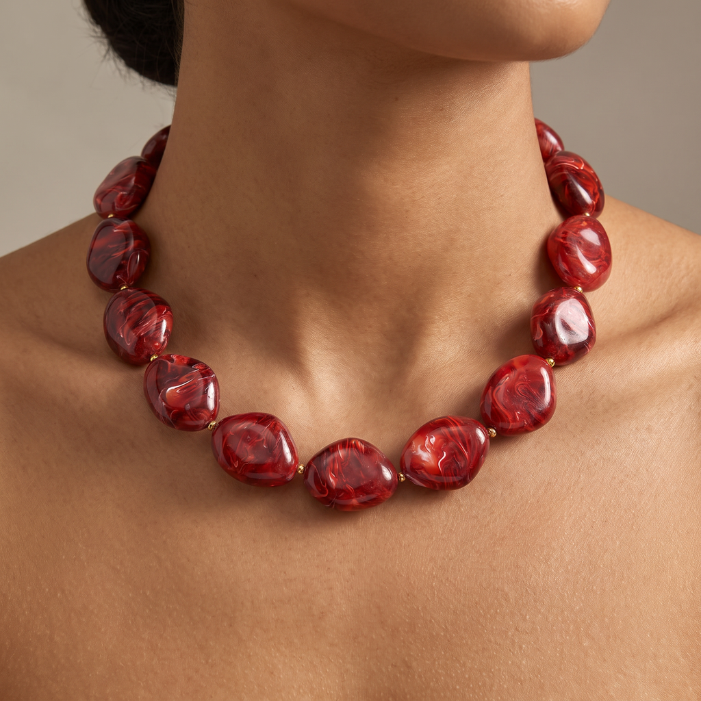 Collier de perles effet marbré oversize, porté, bordeaux