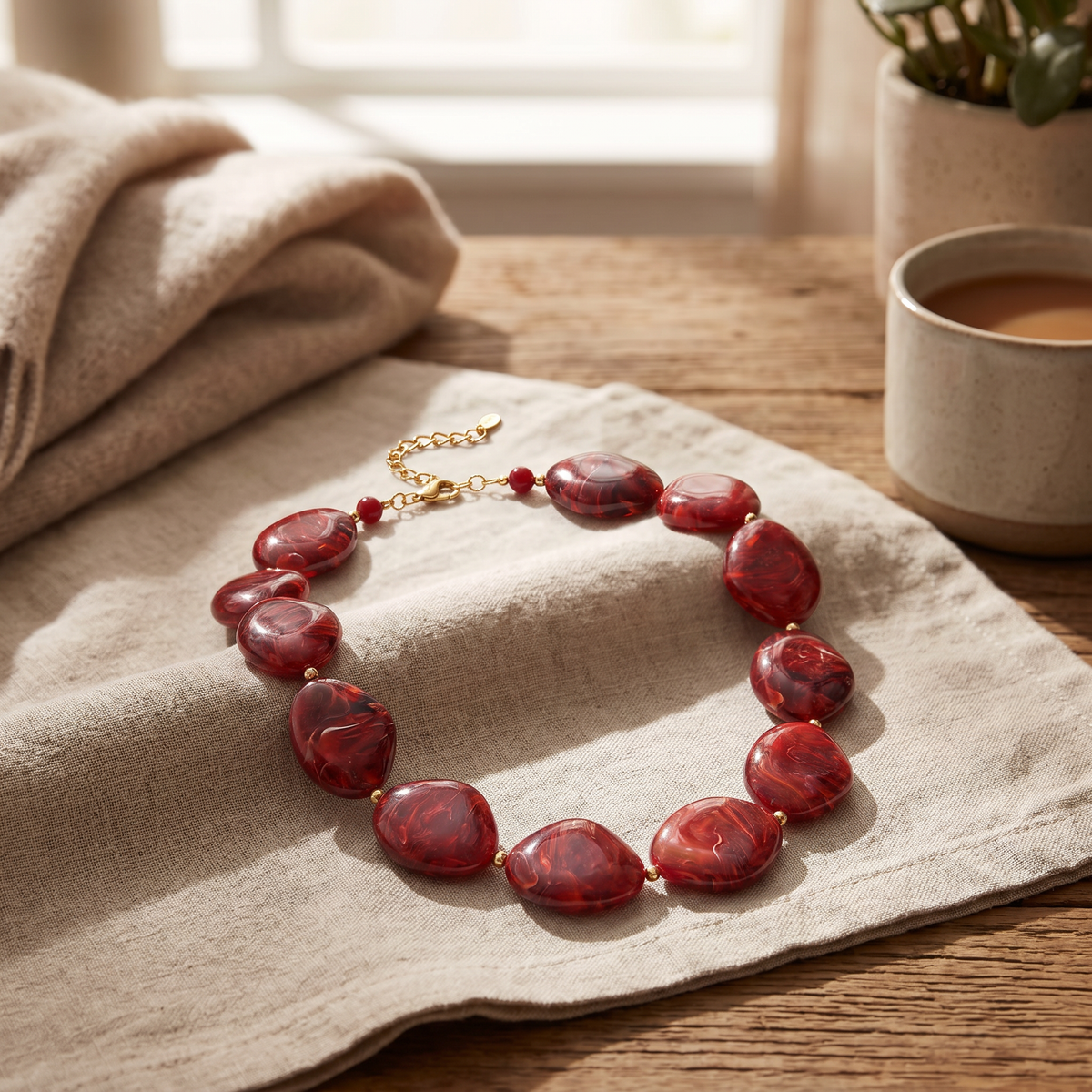 Collier de perles effet marbré oversize, porté en tenue, bordeaux