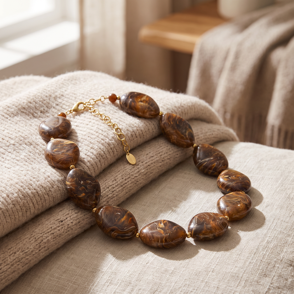 Collier de perles effet marbré oversize, porté en tenue, brun