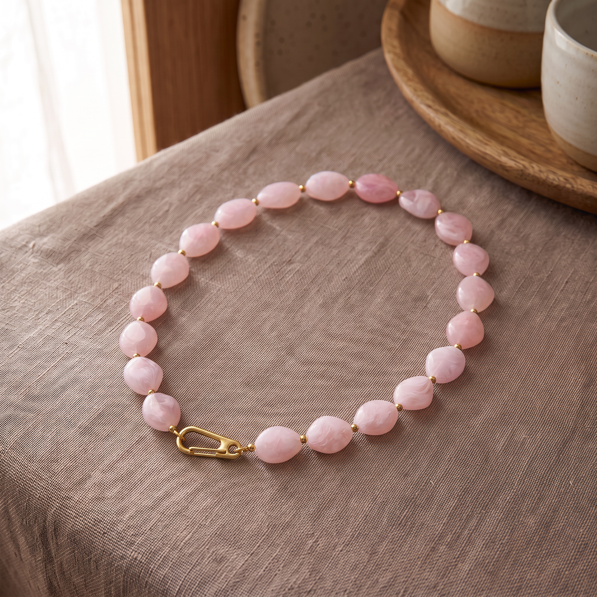 Collier de perles à forme organique 50 cm, porté en tenue, rose
