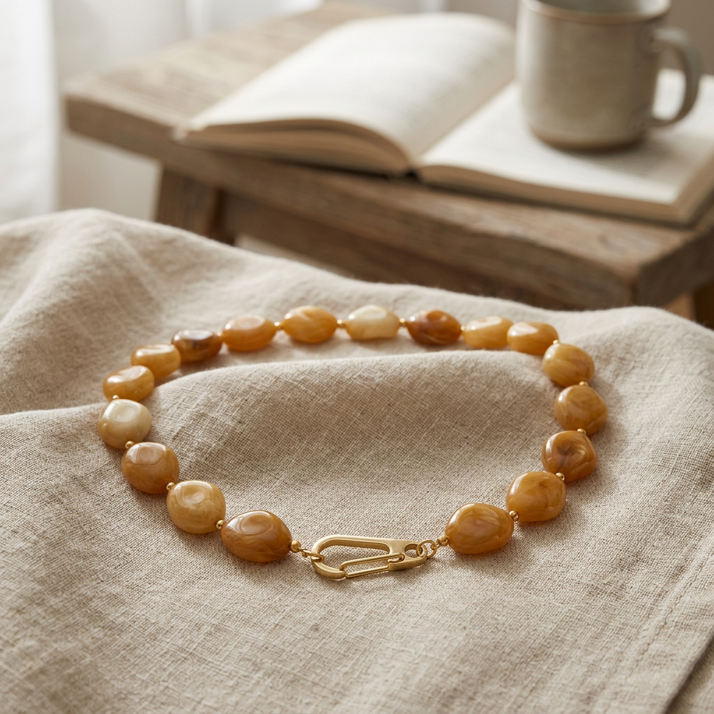 Collier de perles à forme organique 50 cm, porté en tenue