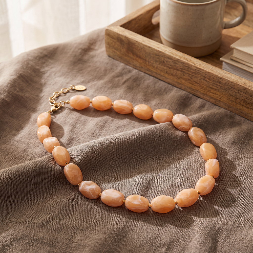Collier de perles à forme organique, porté en tenue