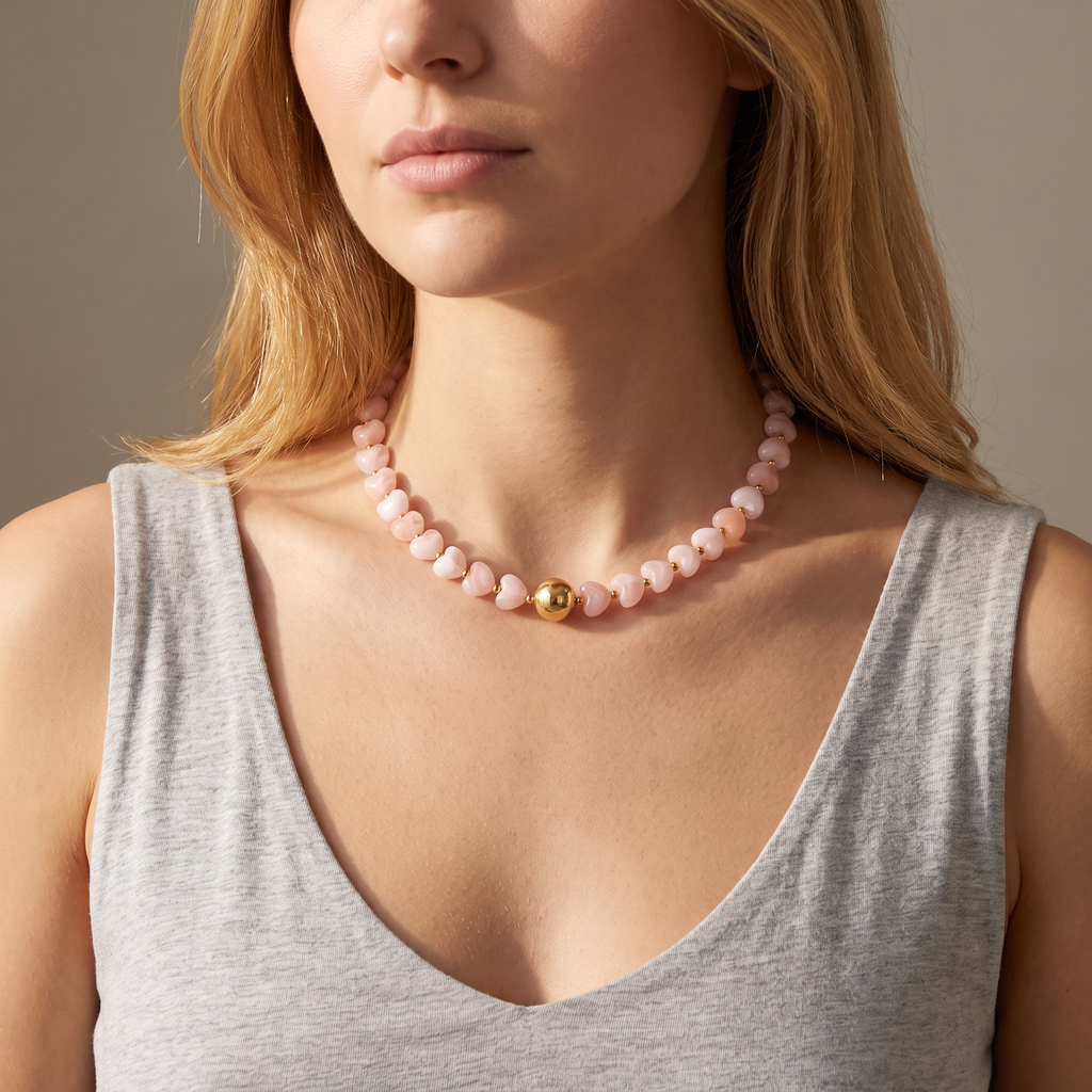 Collier cœur doré en perles 42 cm, porté mi-corps, rose clair