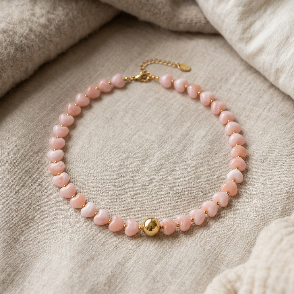 Collier cœur doré en perles 42 cm, porté en tenue, rose clair