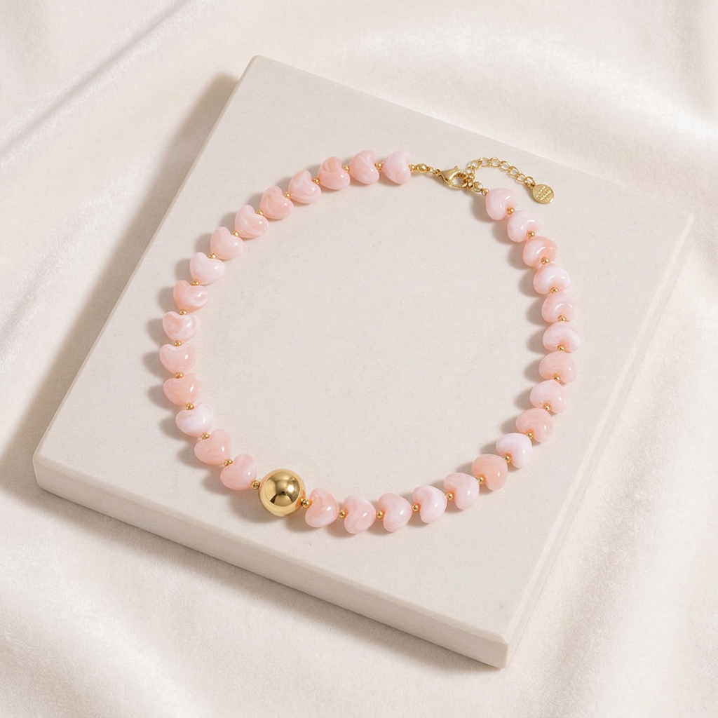 Collier cœur doré en perles 42 cm — Rose clair