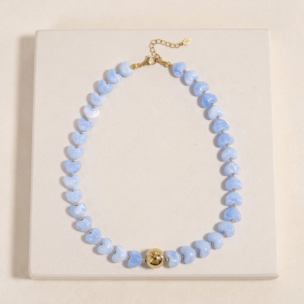 Collier cœur doré en perles 42 cm — Bleu clair