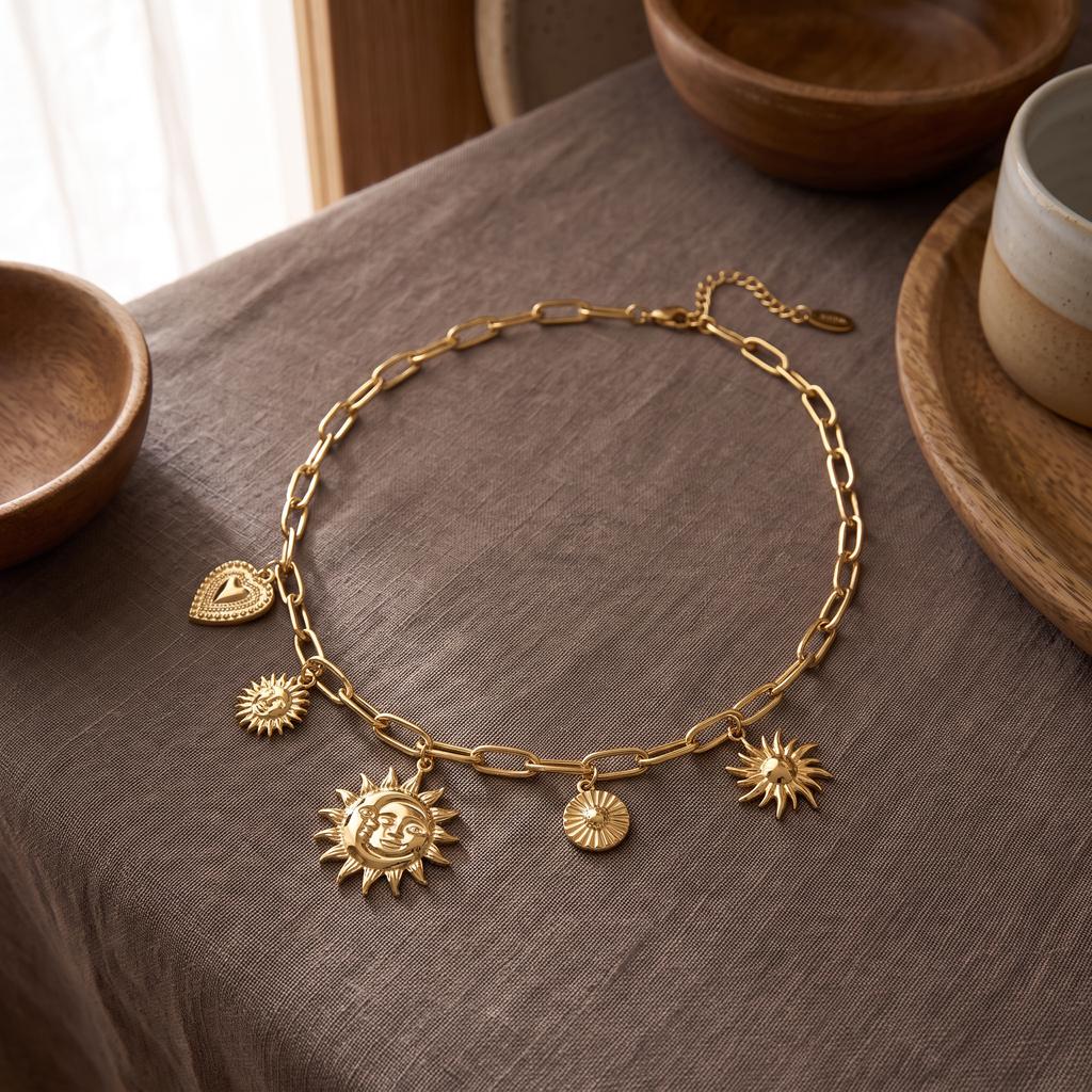 Collier soleil grosse maille, porté en tenue, doré
