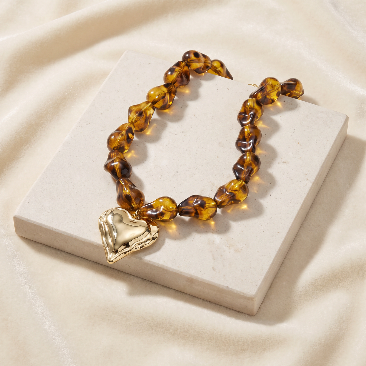 Collier cœur doré en perles 41 cm — Marron clair