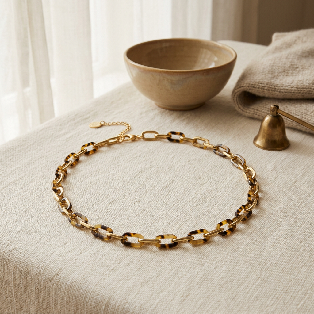 Collier à maillons doré façon écaille, porté en tenue