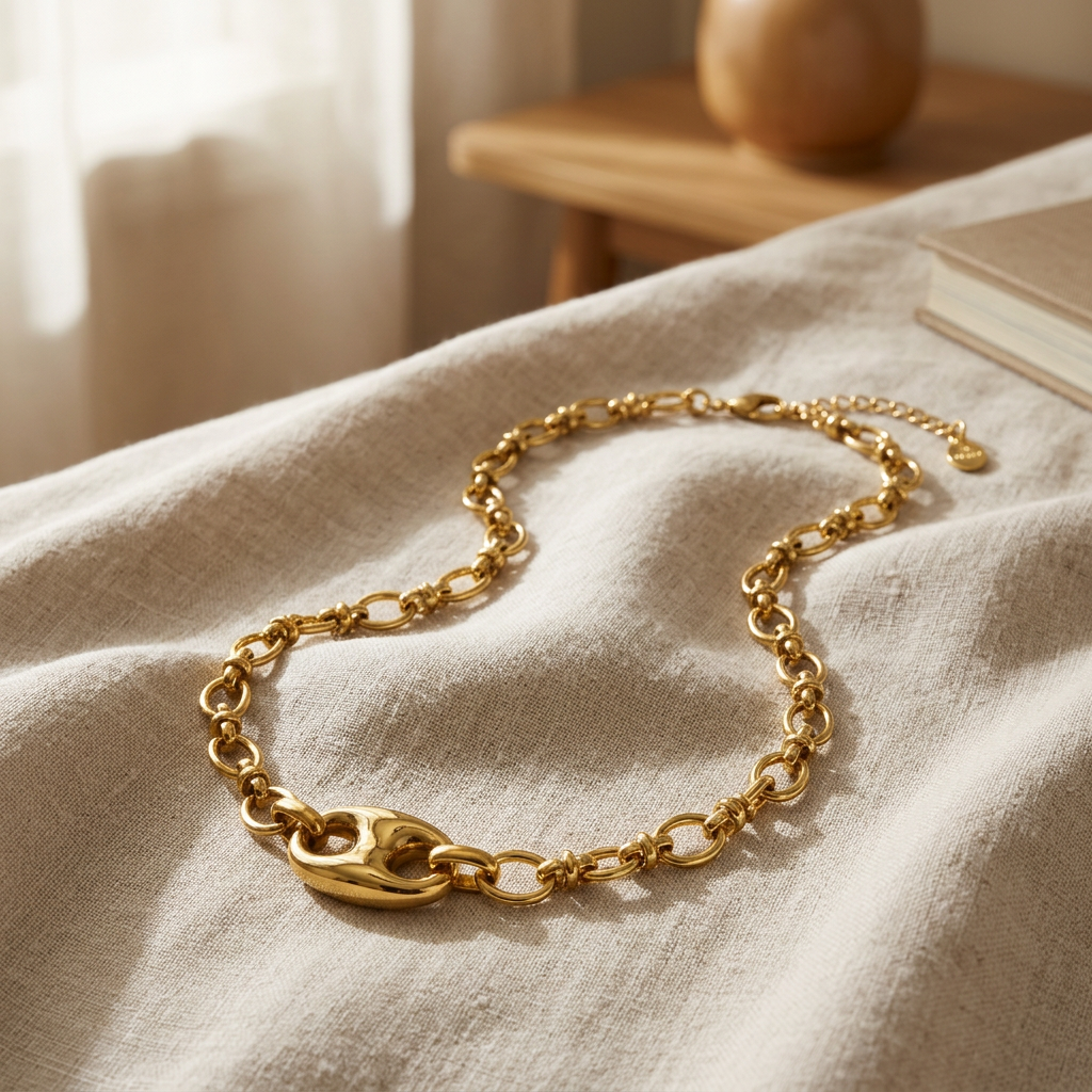 Collier chaîne doré maille grain de café, porté en tenue
