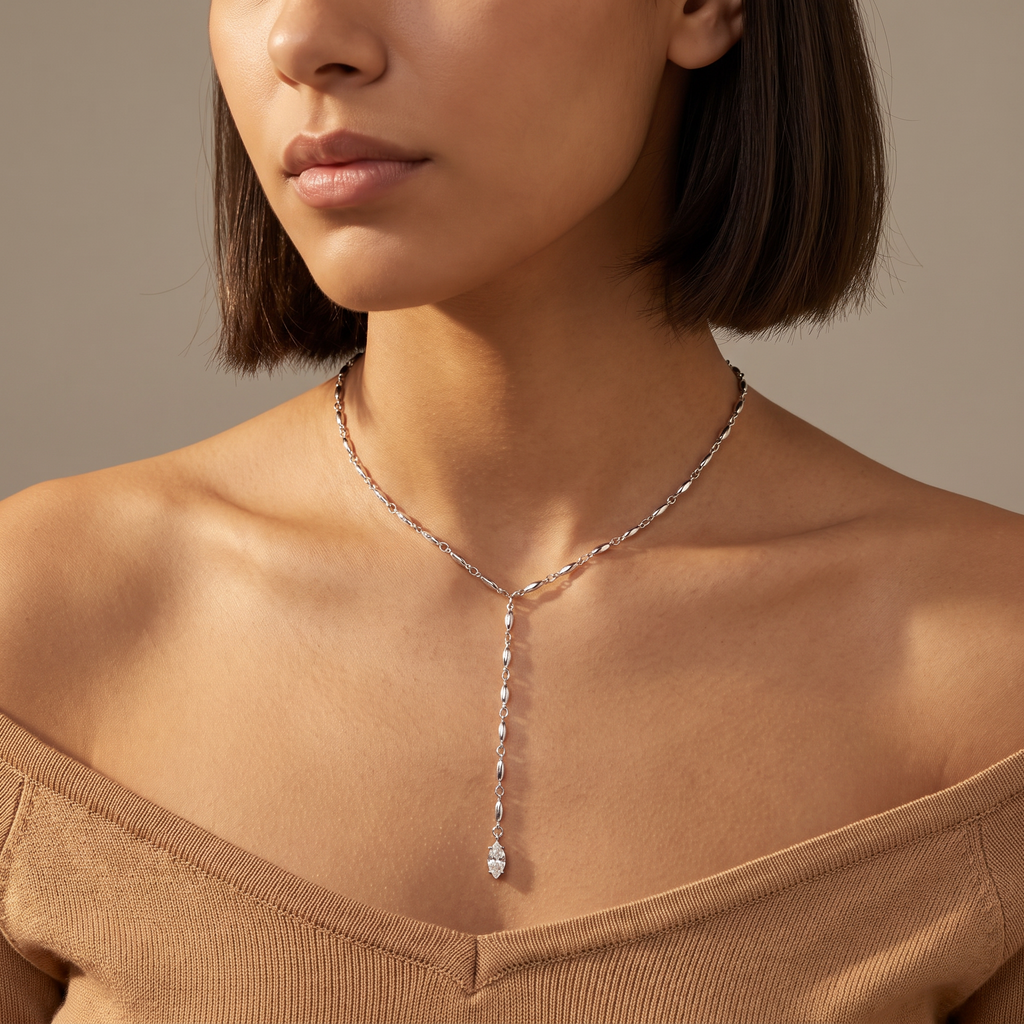 Collier pendentif à strass en Y, porté mi-corps, argenté