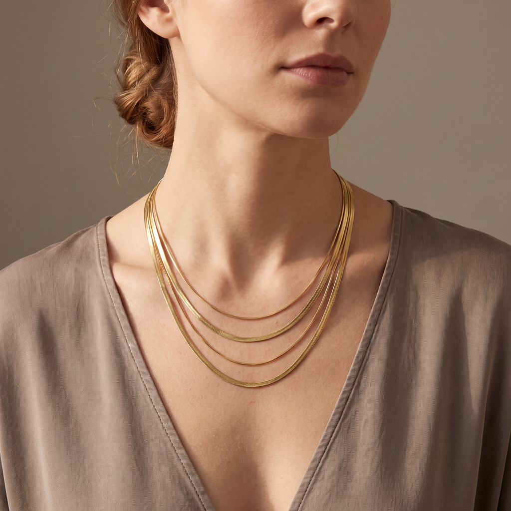 Collier serpent en multirang, porté mi-corps, doré