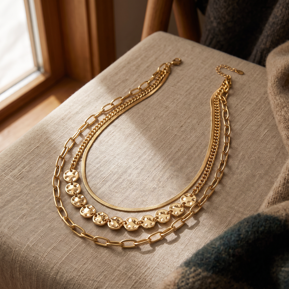 Collier doré à finition texturée triple rang, porté en tenue