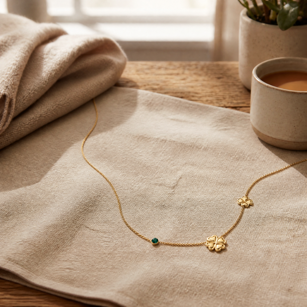 Collier trèfle à strass en couleurs, porté en tenue, vert