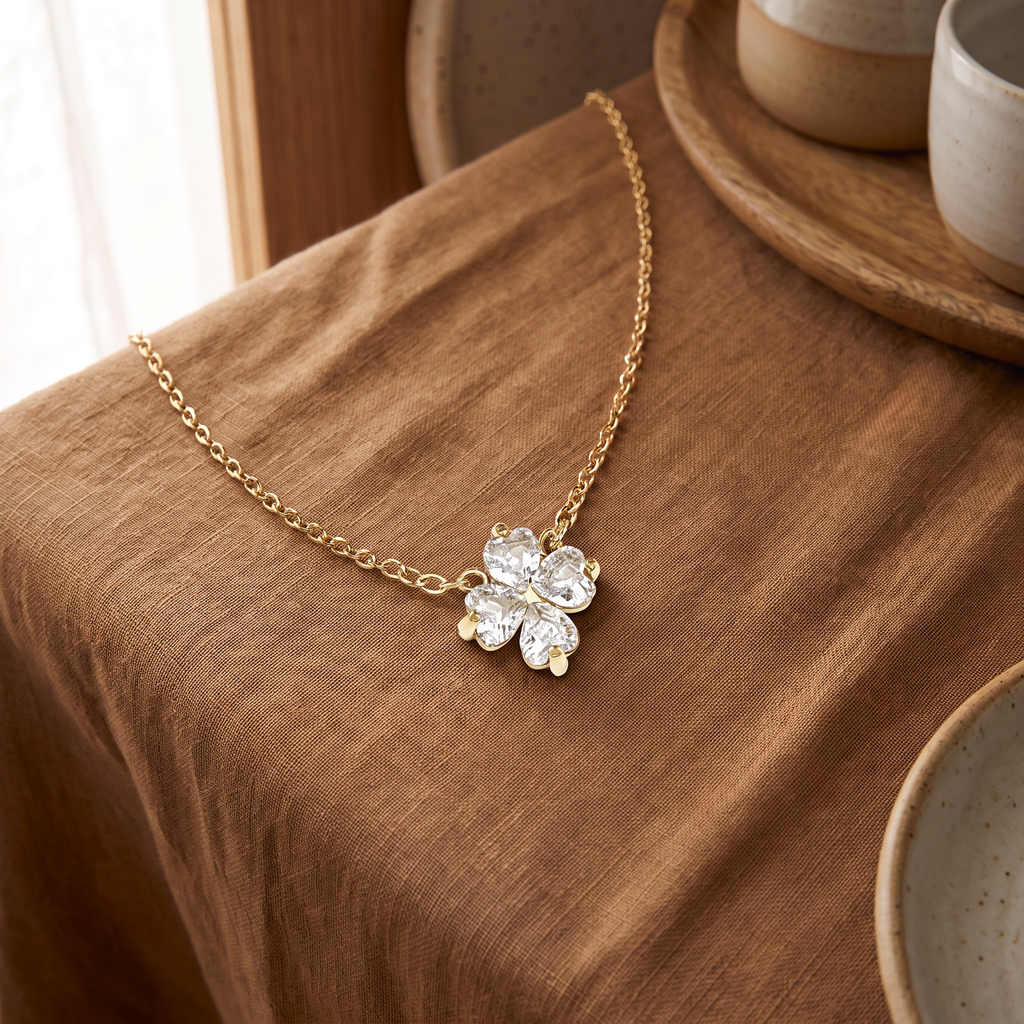 Collier trèfle 40 cm, porté en tenue, doré