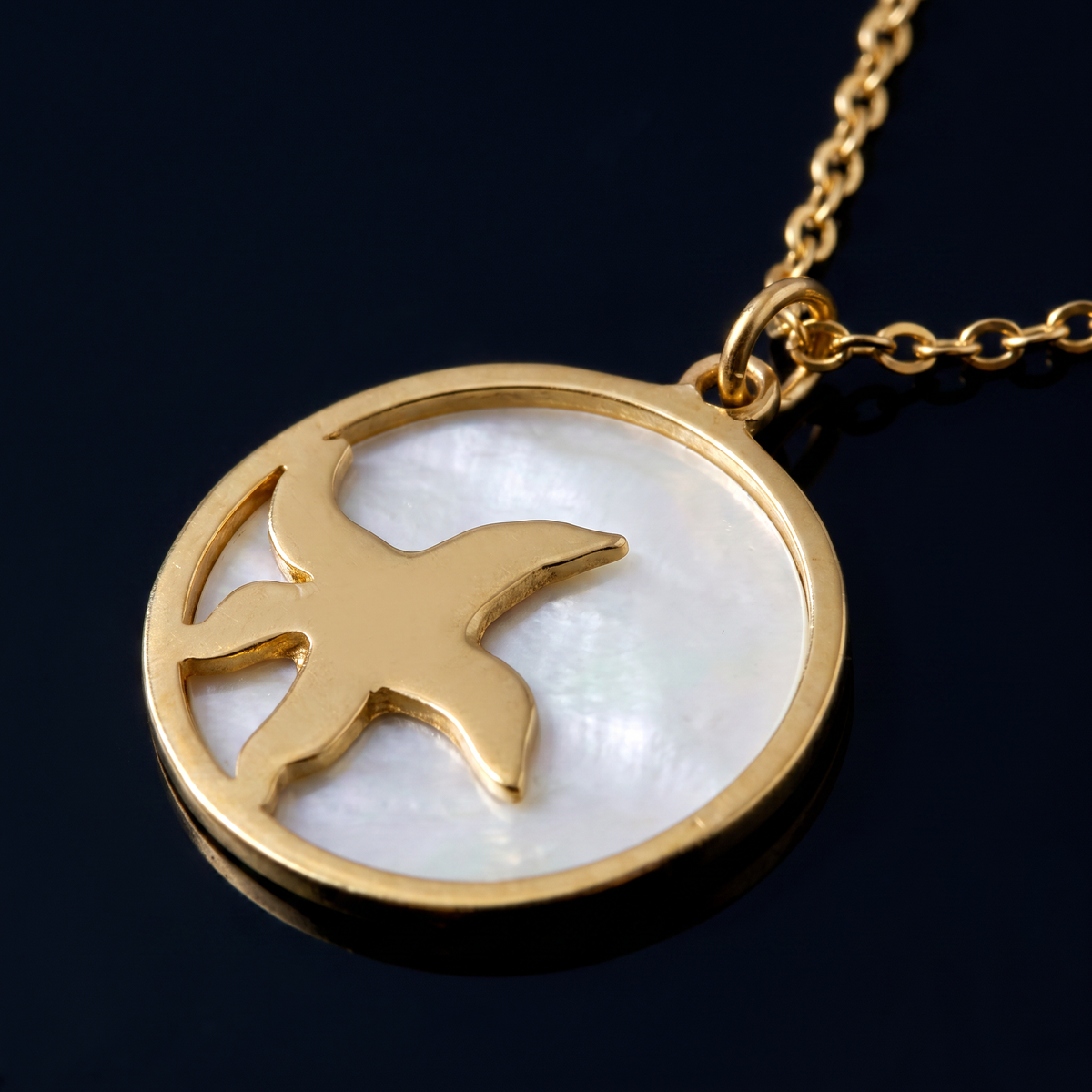 Collier étoile de mer et coquillage à médaillon, motif en gros plan