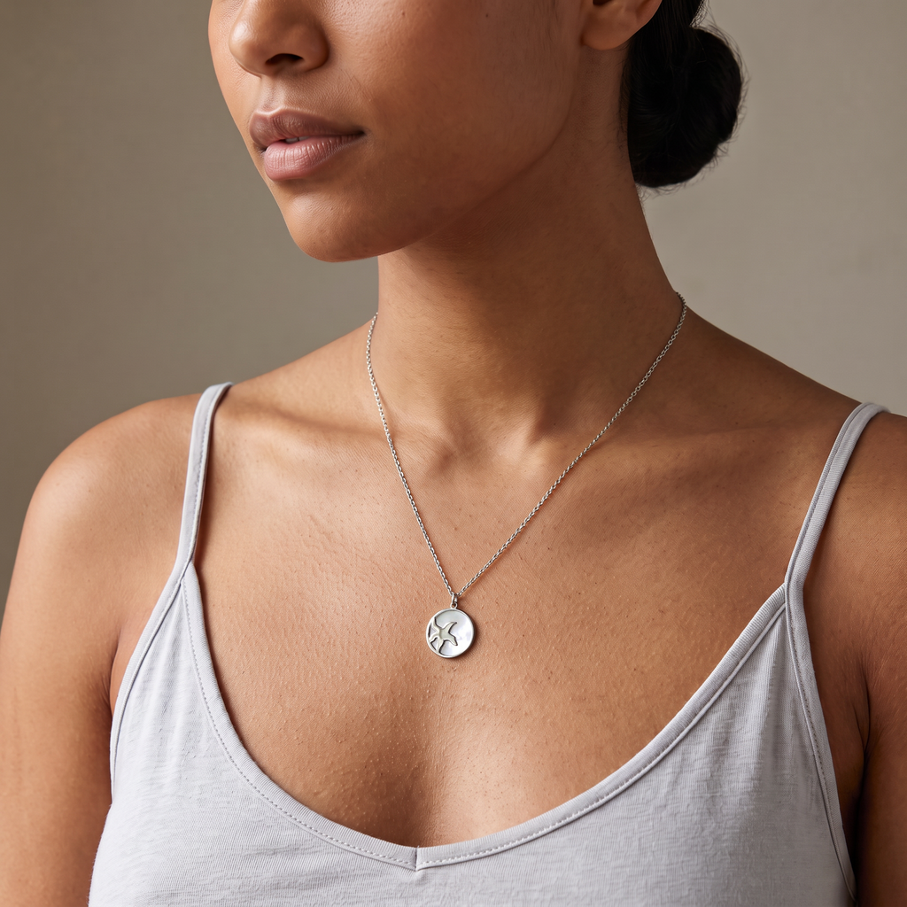 Collier étoile de mer et coquillage à médaillon, porté mi-corps, argenté