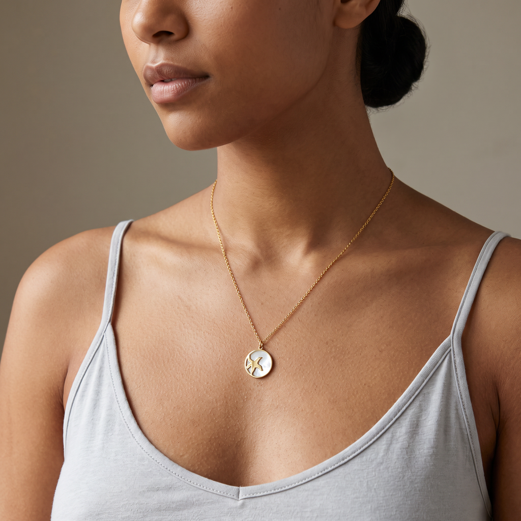 Collier étoile de mer et coquillage à médaillon, porté mi-corps, doré
