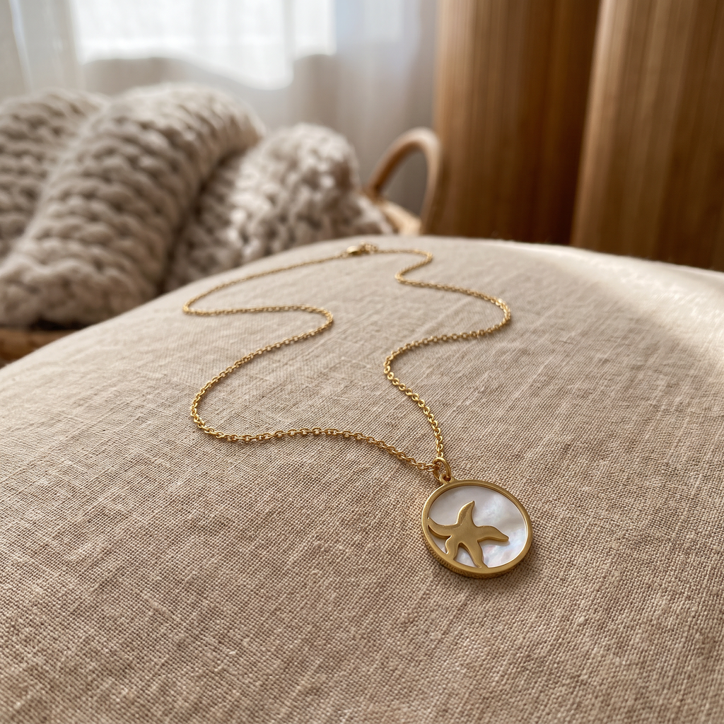 Collier étoile de mer et coquillage à médaillon, porté en tenue, doré