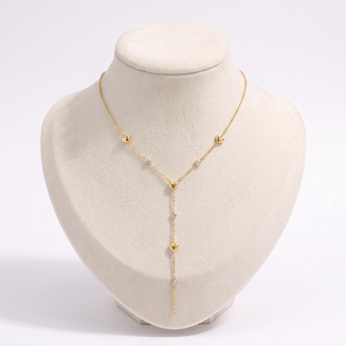 Collier cœur à strass en Y, vue de face, doré