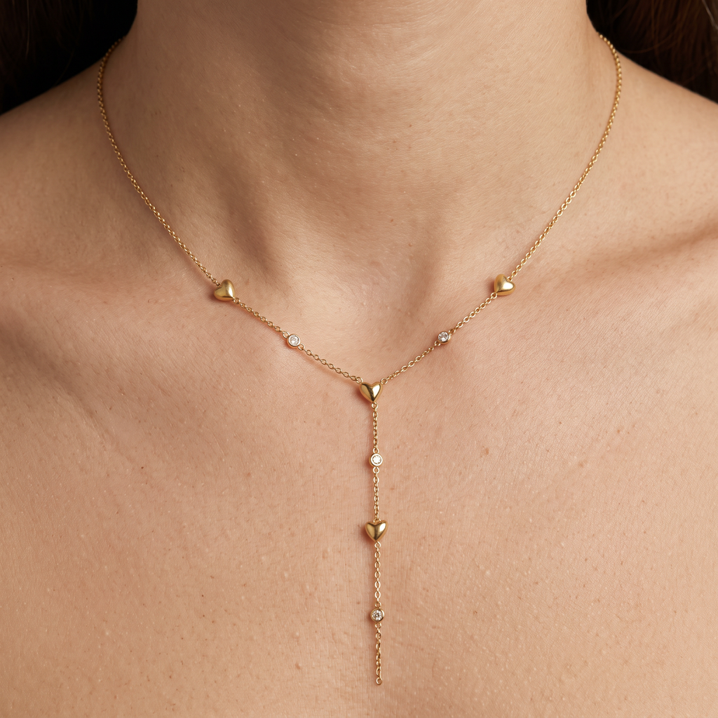Collier cœur à strass en Y, porté, doré